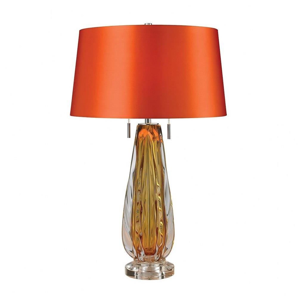 Bailey Street Home 2499 Bel 3332079 Amber 2 Light Standard Table Lamp Made Of Crystal And Glass And Metal With A Orange Faux Silk Shade With A Double On Off Pull Chain Switch